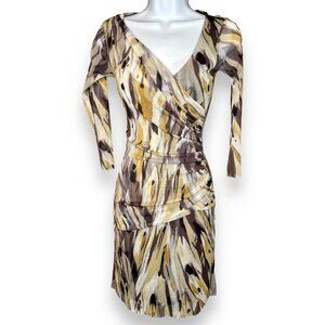 Weston Wear Yellow Gray Brush Stroke Faux Wrap Mesh Dress event professional